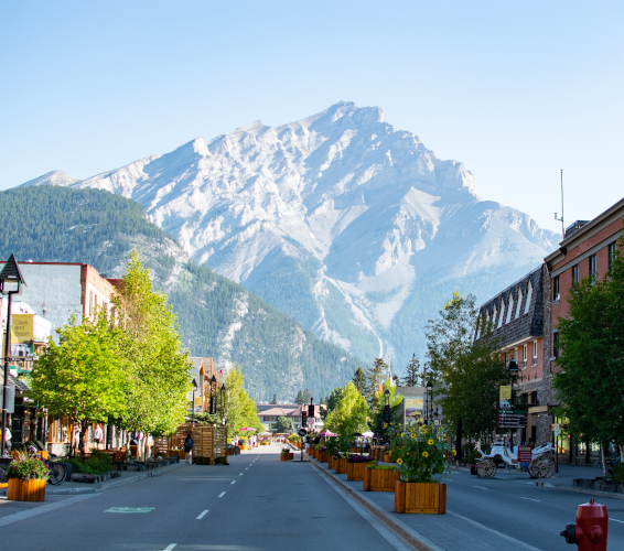 Bamff city center with Cascade Mountain in the background